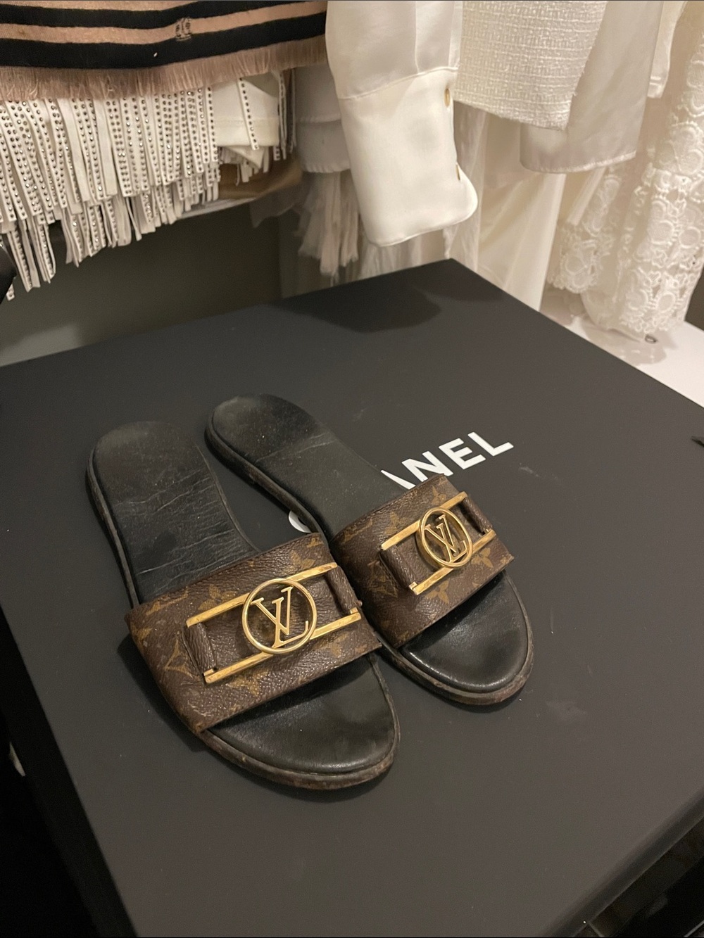 Louis Vuitton Brown Monogram Slide Sandals with Gold LV Hardware